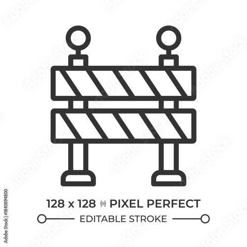 Barrier pixel perfect line icon. Guardrail protecting vehicles. Roadworks marking fence. Road infrastructure. Isolated vector illustration. Outline symbol. Simple linear drawing. Editable stroke