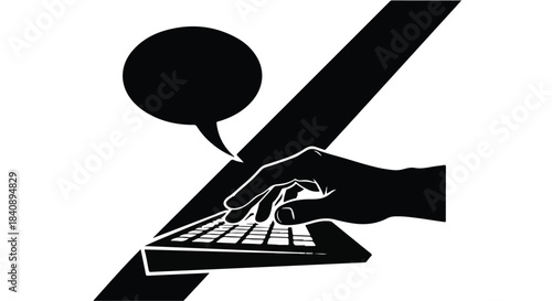Silhouette of a hand typing on a keyboard with a speech bubble above indicates digital communication.