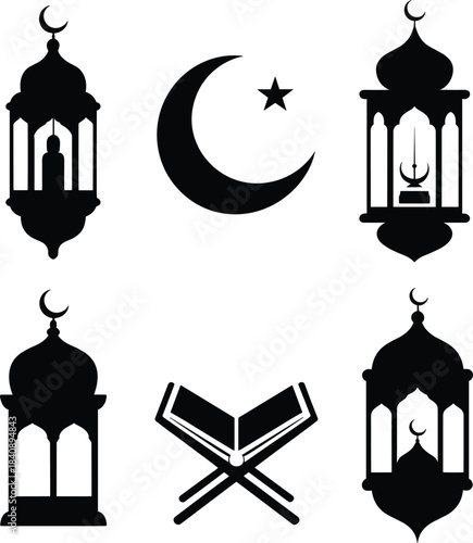 Islamic symbols including lanterns crescent moon and holy quran vector graphics