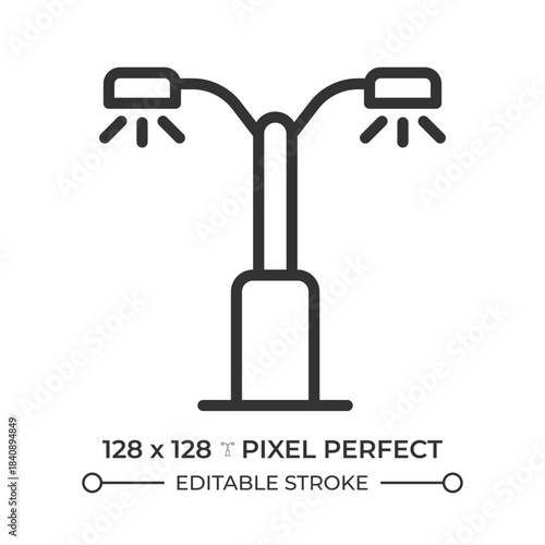 Street lighting pixel perfect line icon. Lamp post illuminating city. Glowing lanterns. Road infrastructure. Isolated vector illustration. Outline symbol. Simple linear drawing. Editable stroke