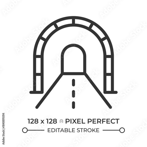 Tunnel pixel perfect line icon. Underpass for vehicles on roadway. Traffic organization. Road infrastructure. Isolated vector illustration. Outline symbol. Simple linear drawing. Editable stroke