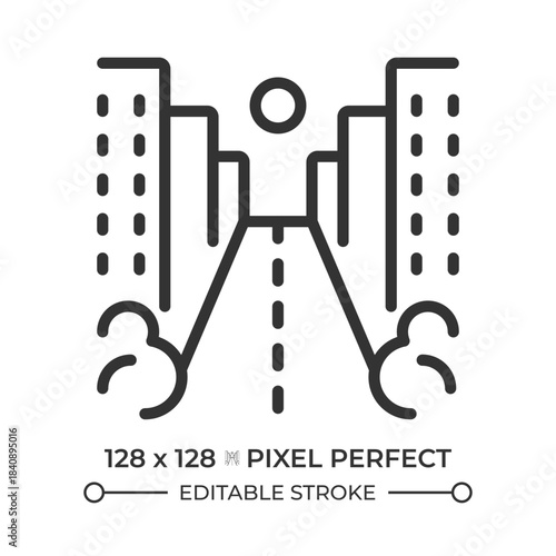 Street pixel perfect line icon. City district with multistory buildings and driveway. Road infrastructure. Isolated vector illustration. Outline symbol. Simple linear drawing. Editable stroke