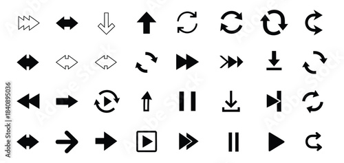 Modern collection of UI and media player arrow icons, including fast forward, rewind, play, pause, and refresh symbols for web design.