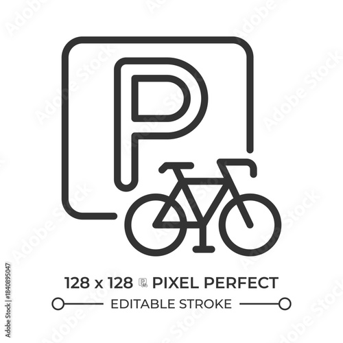 Bike parking pixel perfect line icon. Secure place for cyclists to leave bicycles. Road infrastructure. Isolated vector illustration. Outline symbol. Simple linear drawing. Editable stroke