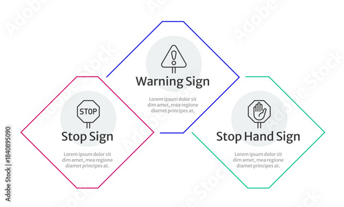 Warning traffic signs rhombus infographic 3 steps. Symbols giving information to drivers. Safety on road. Drive infrastructure. Editable thin line icons diagram process. Lexend Montserrat font used