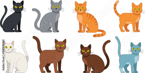 Cute cat cartoon illustration set featuring cats in different colors and poses, simple friendly domestic animal vector collection for pets and kids designs