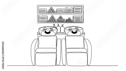 Hair-Washing Station Continuous Line Art – Reclining Chairs, Sinks, and Towel Shelves Illustration