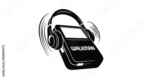 Portable music player with large over-ear headphones vibrates with sound waves in graphic design.