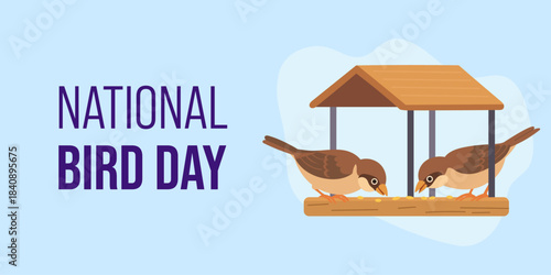 Sparrows feeding on wooden birdhouse illustrate warm nature scene for National Bird Day celebration, highlighting National Bird Day message and supporting wildlife awareness.
