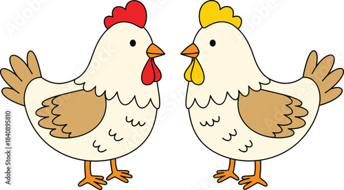 Cute pair of chickens cartoon illustration showing two farm hens facing each other, simple friendly poultry animal vector for children designs