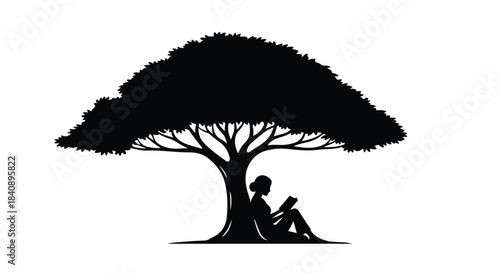 Woman silhouette sits reading a book under the wide canopy of a large shade tree.
