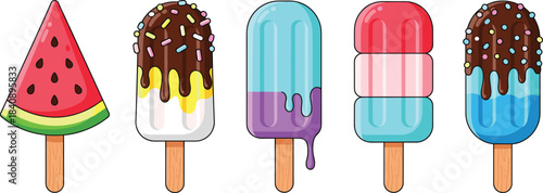 Cute colorful ice cream popsicle illustration set featuring watermelon chocolate and layered frozen treats, sweet dessert vector icons for summer designs
