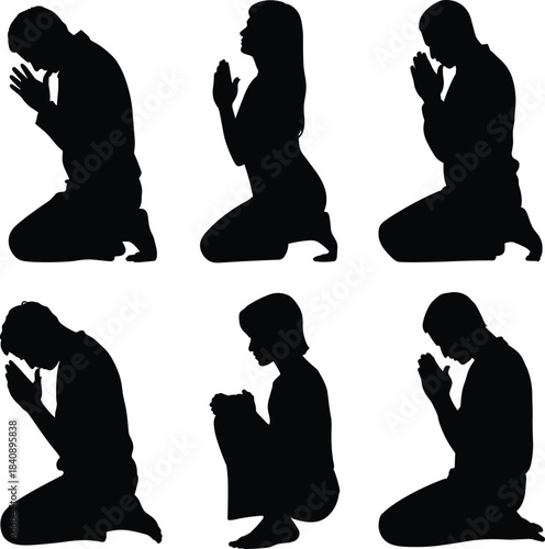 Silhouettes of diverse individuals kneeling in prayer conveying devotion and faith