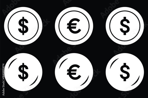 Dollar euro financial icon set. financial symbols, minimalist money graphics, and clear currency signs, ideal for banking apps, financial presentations, economic infographics. currency symbols vector.