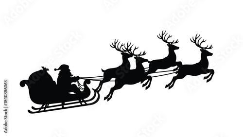 Santa Claus riding in sleigh pulled by reindeer on white background