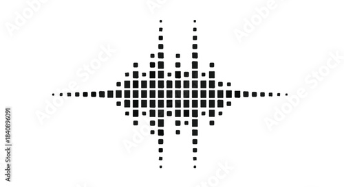 Symmetrical square pixel sound wave graphic represents audio equalization or digital signal strength.