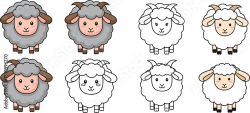 Cute sheep cartoon face and full body set with fluffy wool characters in color and outline styles, adorable farm animal vector collection