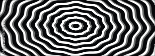 Hypnotic spirals background. Radial optical illusion. Black and white swirl tunnel wallpaper. Horizontal spinning concentric curves. Vortex or whirlpool design for poster, banner, flyer.EPS10