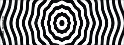 Hypnotic spirals background. Radial optical illusion. Black and white swirl tunnel wallpaper. Horizontal spinning concentric curves. Vortex or whirlpool design for poster, banner, flyer.EPS10