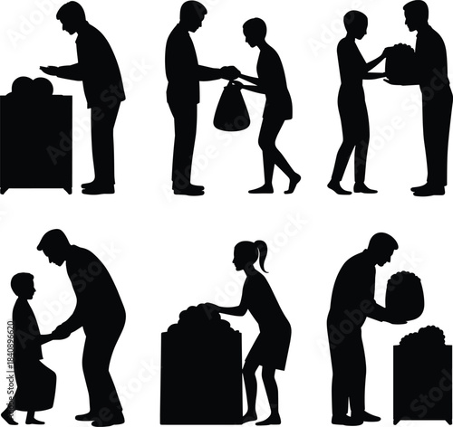 Silhouettes of people donating and receiving items in various charitable acts