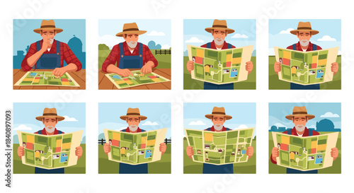 Elderly farmer studying a map outdoors