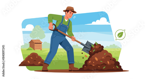 Farmer working with shovel in garden landscape