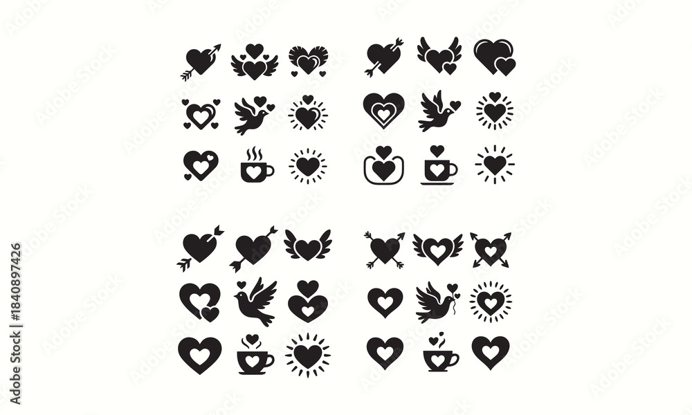 Naklejka premium Cute Black Heart Icons Collection