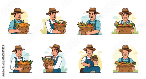 Farmer with harvest basket collection set