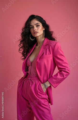 Woman in pink pantsuit poses confidently. She wears large hoop earrings and a bracelet. Her curly dark hair flows around her shoulders. Modern bold aesthetic style in studio.