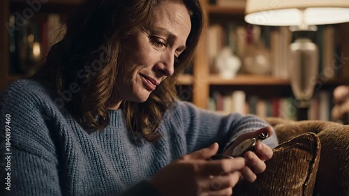 Woman in distress sitting on a couch in a dimly lit room.