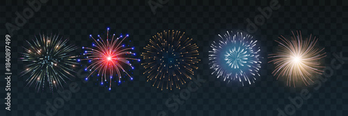 set of isolated vector fireworks on a transparent background.