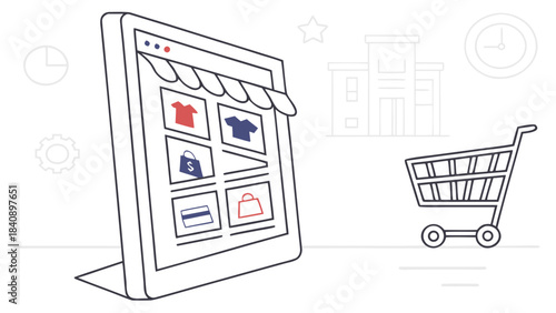 E-commerce Online Shopping Storefront on Tablet with Shopping Cart Icon. Digital Retail Business Line Art Concept.