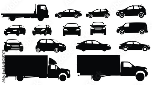 Collection of black car and truck silhouettes on white background