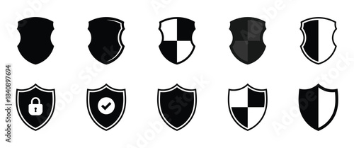 Heraldic shields, security black labels collection. Shield icon set. Shield check icon set. Vector illustration. EPS 10