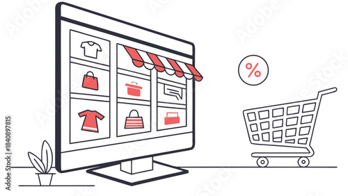 Digital E-commerce Storefront with Online Shopping Cart, Sale Discount, and Product Selection Illustration