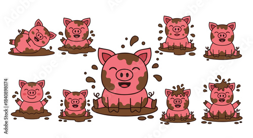 Pink pigs playing in mud cartoon characters
