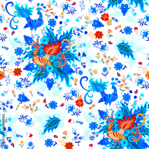 Fabulous multicolored birds, lush bouquets of flowers, paisley, and small flowers on a white background. A beautiful seamless pattern