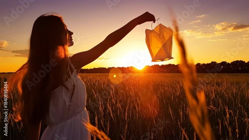 Woman Releasing Lantern into Sunset Field.