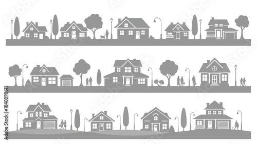 Gray silhouette of suburban neighborhood with houses and trees on white