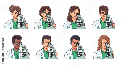 Scientists using microscopes with transparent background