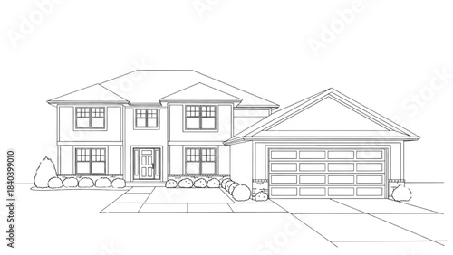 High-quality black line art of a suburban family home exterior with garage, front yard, and driveway, modern residential architecture