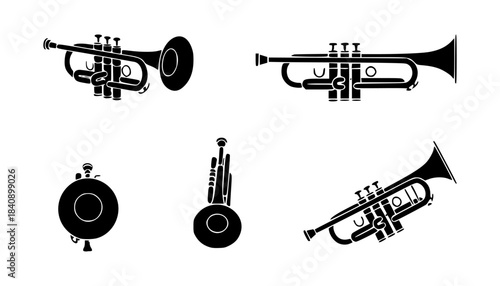 set of silhouettes of musical instruments trumpet, isolated background