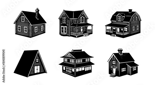 wooden house silhouette set, isolated background