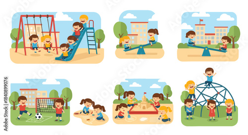 Children playing at playground with swings and slides