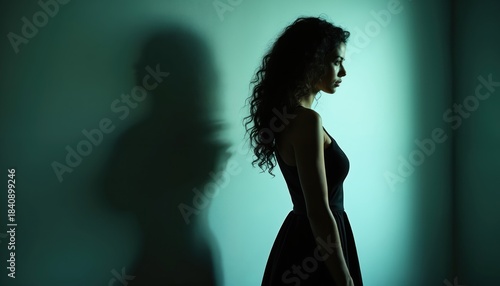 Woman stands in dark room side profile casting shadow on wall. She wears black dress looking thoughtful. Minimalist style evokes introspection and self doubt.