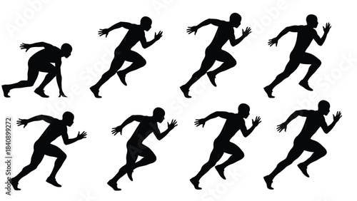 Eight black silhouettes of a person running in different positions isolated on white…