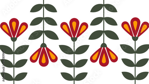 Green Orange Red Floral Folk Art Repeating Pattern