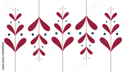 Red Pink Abstract Hearts Floral Folk Art Border