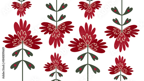 Red Floral Folk Art Stylized Abstract Leaf Pattern