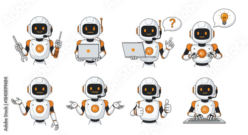 Robot characters in various poses with transparent background
